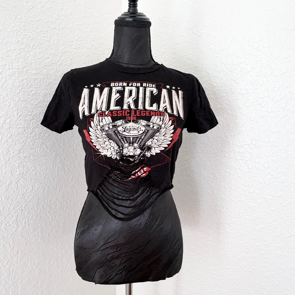 January 7 Graphic Tee Distressed Ladder Crop Biker Womens S Black